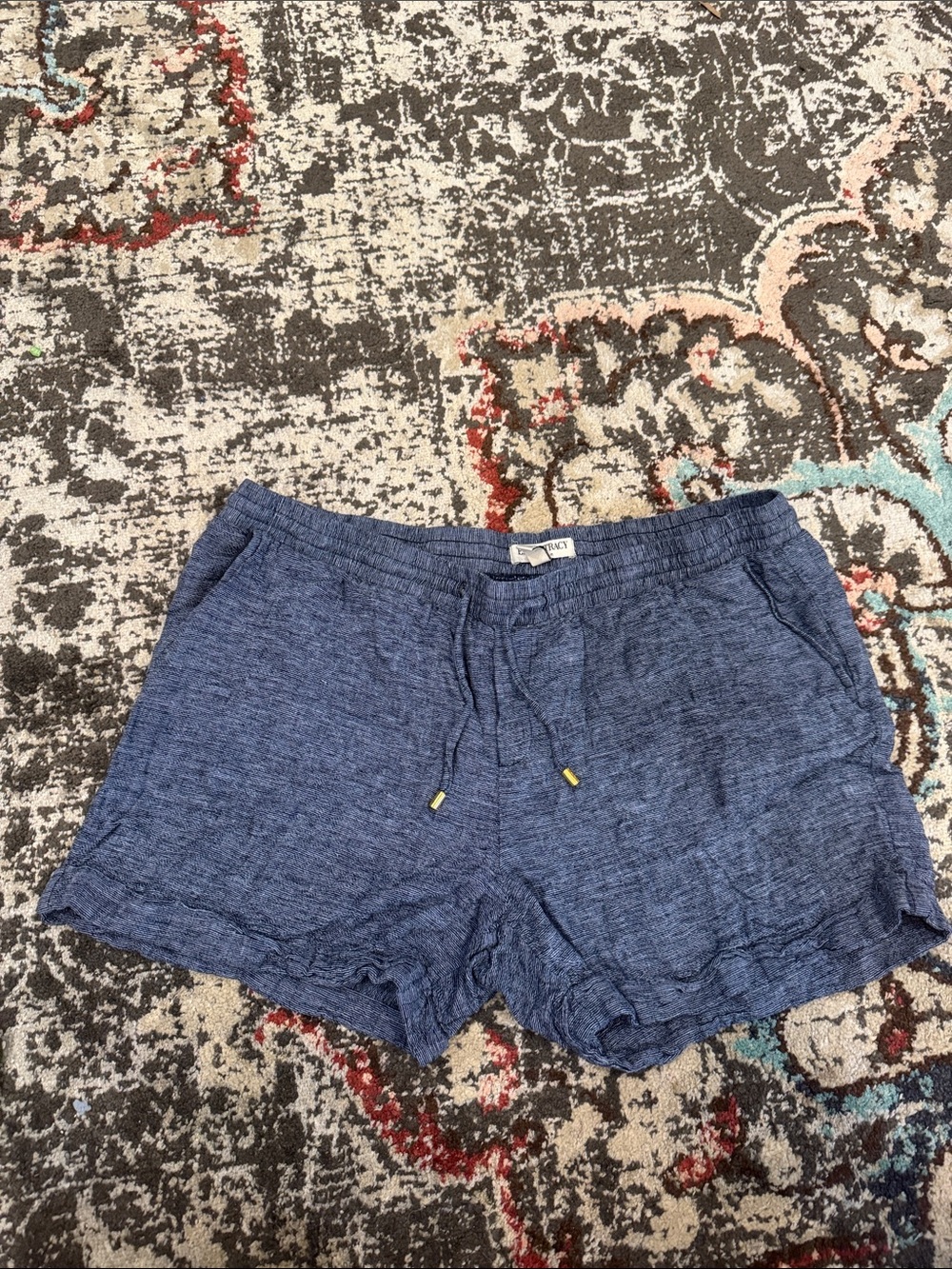 Ellen Tracy Heathered Navy Linen-Blend Drawstring Shorts